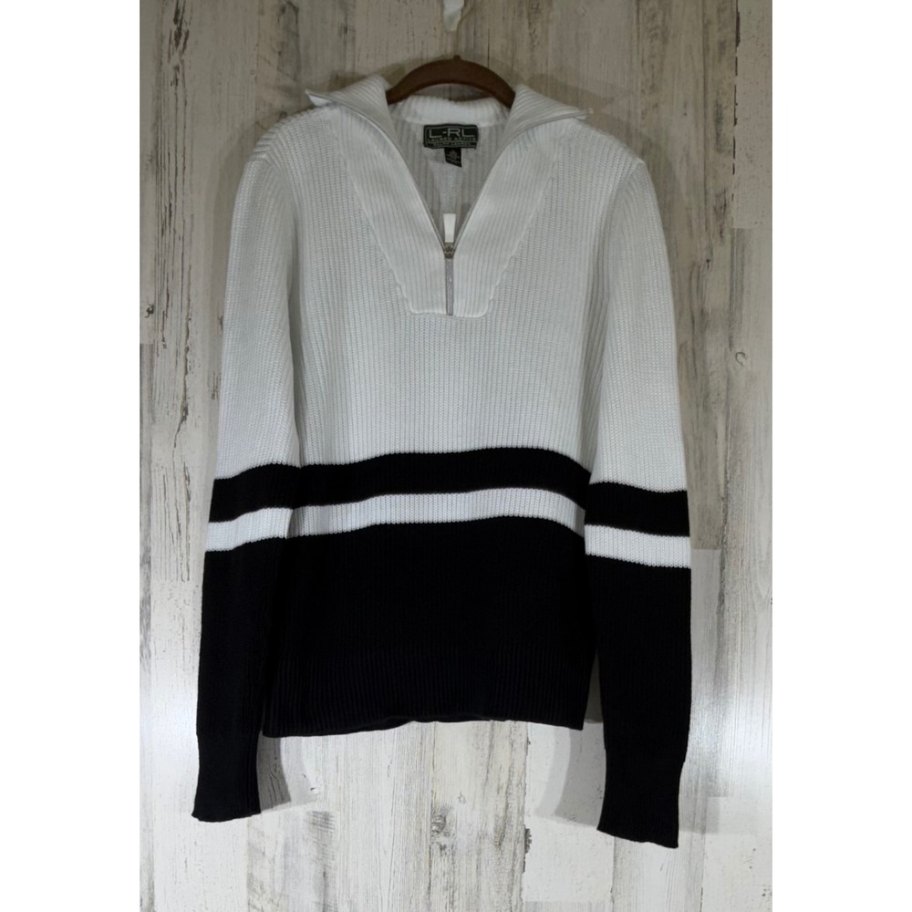 LRL Ralph Lauren Sweater Medium White Black 1/4 Zip Ribbed Preppy Nautical